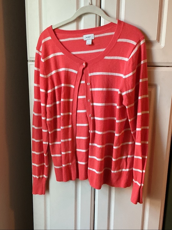 Old Navy Sweaters - Old Navy Coral and White Striped Button-Front Cardigan